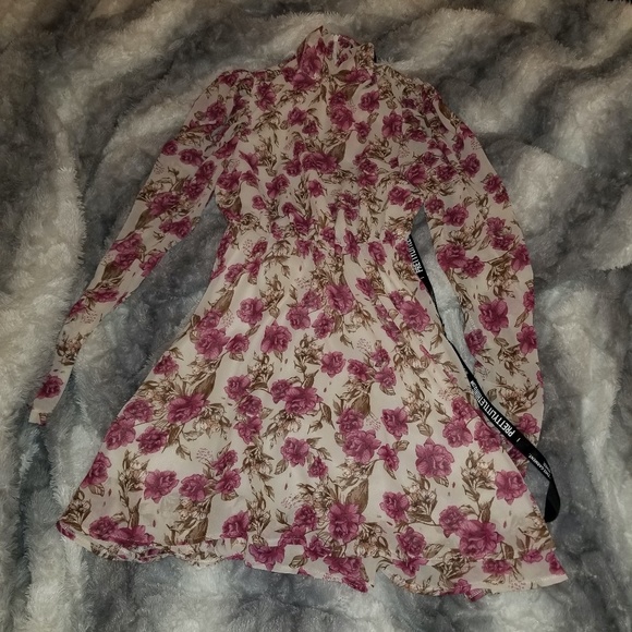 PrettyLittleThing Dresses & Skirts - Nude Floral Print High Neck Chiffon Skater Dress